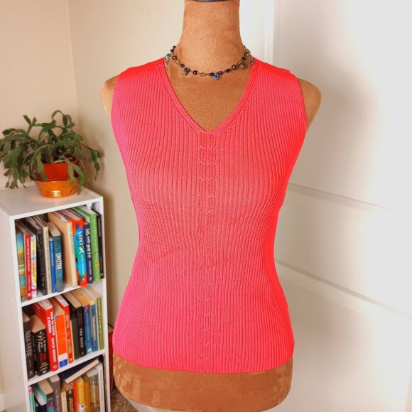 Vintage 90s Coral Pink Ribbed Bodycon Knit Tank Top Minimalist Silk Jones NY - Picture 1 of 5